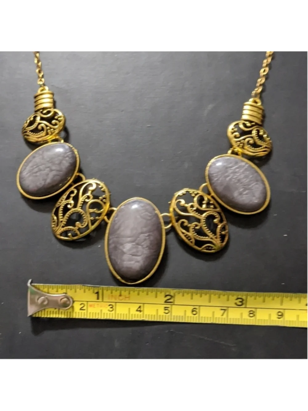 Gold Tone Grey Swirl Oval Filagree Statement Necklace